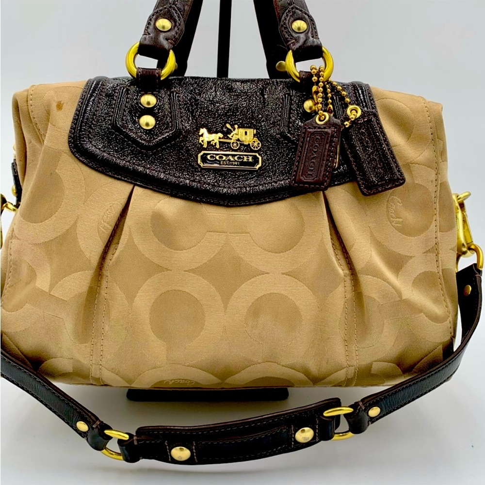 Coach Signature Madison Op Art Audrey Khaki Brown Satchel 14294 Handbag Purse